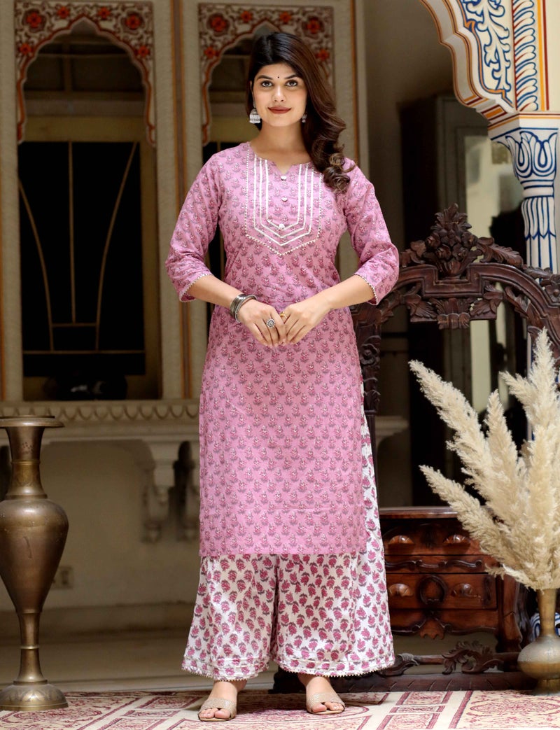 Miravan Pink Floral Print Kurta and Palazzo for Women - Image 4